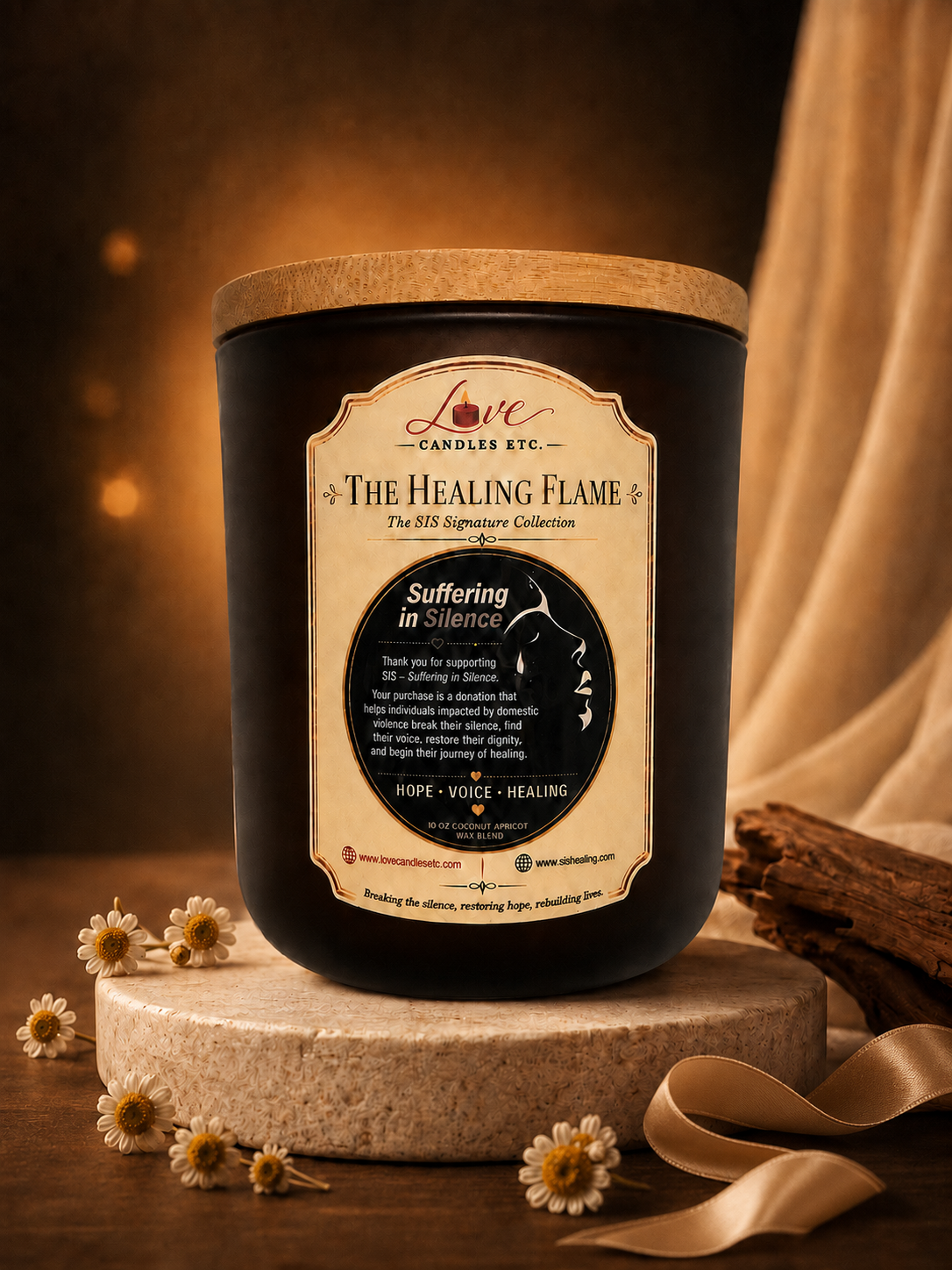The Healing Flame, SIS LOVE Candles handcrafted candle, 10oz coconut apricot wax blend